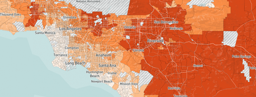 A map from the HPI: Extreme Heat Edition, showing where in Southern California will experience comparatively more extreme heat days in mid-century.