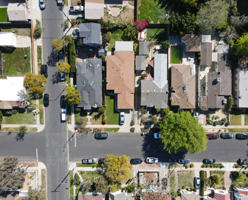 Aerial view above Reynier Village neighborhood in West Los Angeles, California