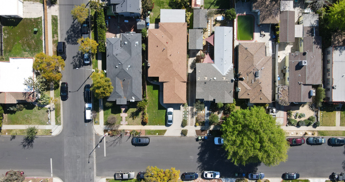 Aerial view above Reynier Village neighborhood in West Los Angeles, California