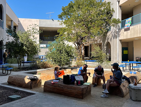 An example of courtyard shade and a nature-based outdoor learning environment at Esperanza Elementary School, Los Angeles.