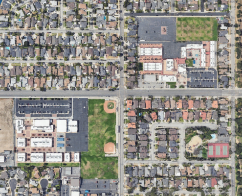 Aerial view of schools in residential neighborhood of Southern California