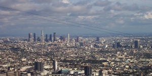Downtown LA aerial view with power lines in foreground