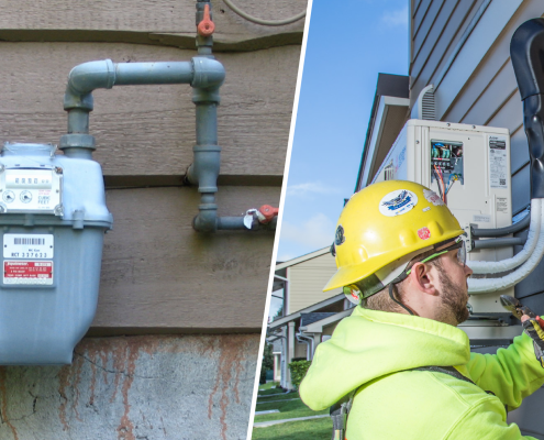 Gas meter (left) and construction worker configuring heat pumps installed