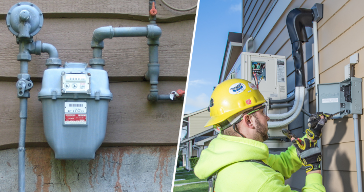 Gas meter (left) and construction worker configuring heat pumps installed