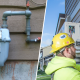 Gas meter (left) and construction worker configuring heat pumps installed