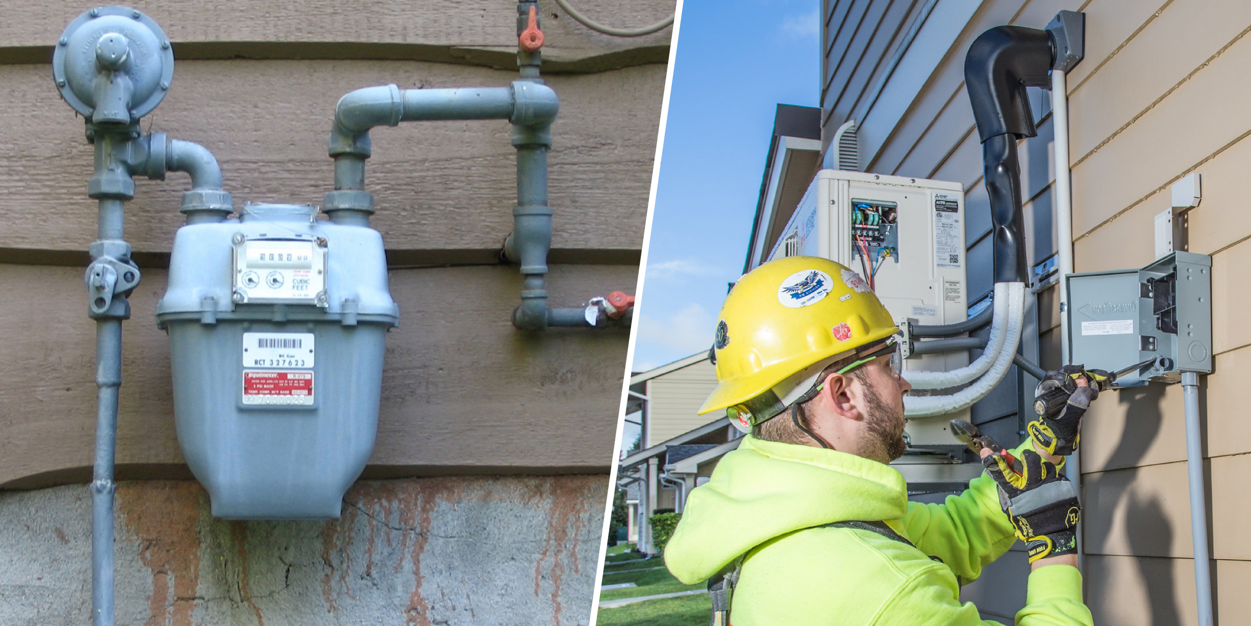 Gas meter (left) and construction worker configuring heat pumps installed