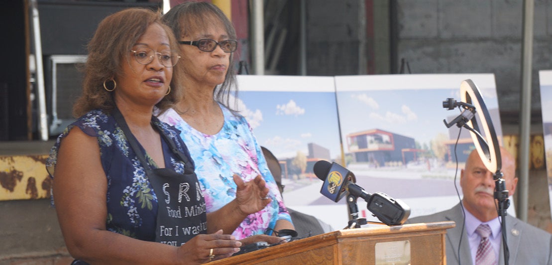 Bernice Wiley speaks at the groundbreaking event for the food hub in 2021.