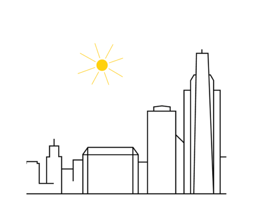 Line drawing of the Omaha skyline beneath a bright sun, illustrating urban exposure to sunlight and heat.