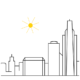 Line drawing of the Omaha skyline beneath a bright sun, illustrating urban exposure to sunlight and heat.
